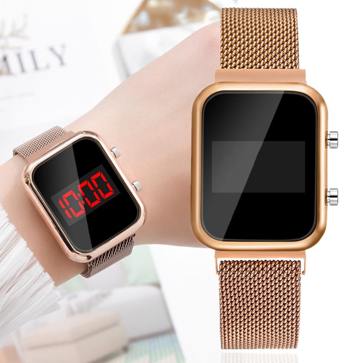 Touch LED Magnet Watch Fashion Casual Sports Men's Watch Touch Smart LED Digital Watches Electronics Wrist Watches for Men Women Square Clock Golden (Without box)