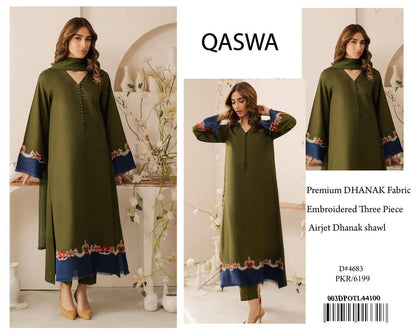 QASWA Winter Dhanak Collection 2025-26 – 3-Piece Embroidered Suit