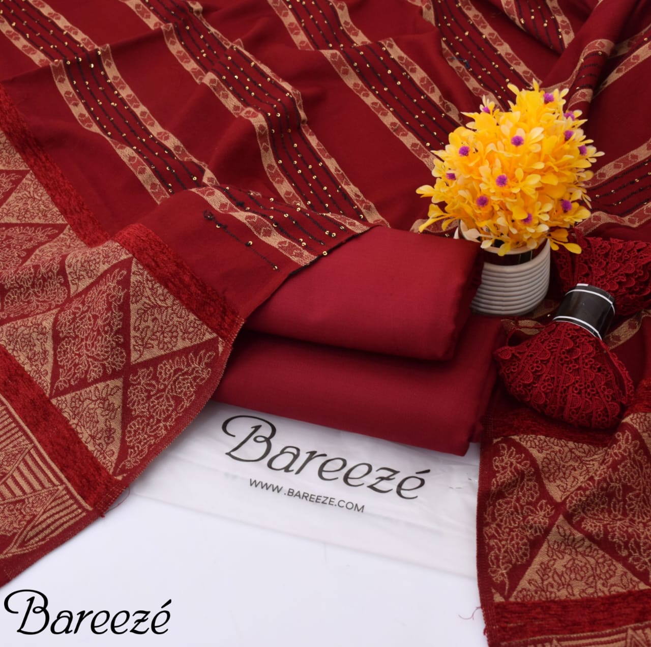 Dhanak Marina 3PC Collection – Dyed Shirt & Trouser with Premium Jacquard Velvet Wool Shawl