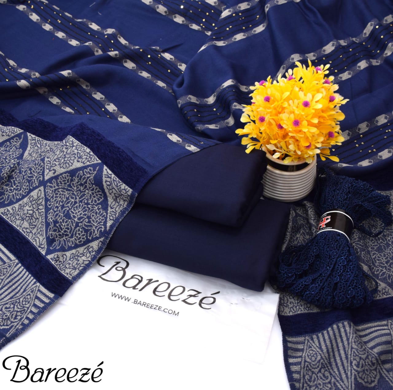 Dhanak Marina 3PC Collection – Dyed Shirt & Trouser with Premium Jacquard Velvet Wool Shawl